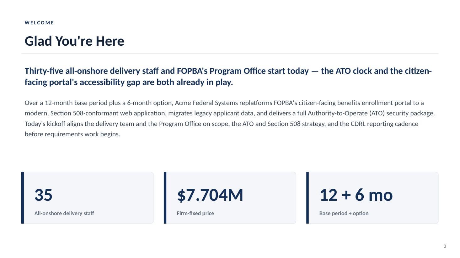 BenefitConnect Portal Modernization kickoff deck — slide 3 of 19