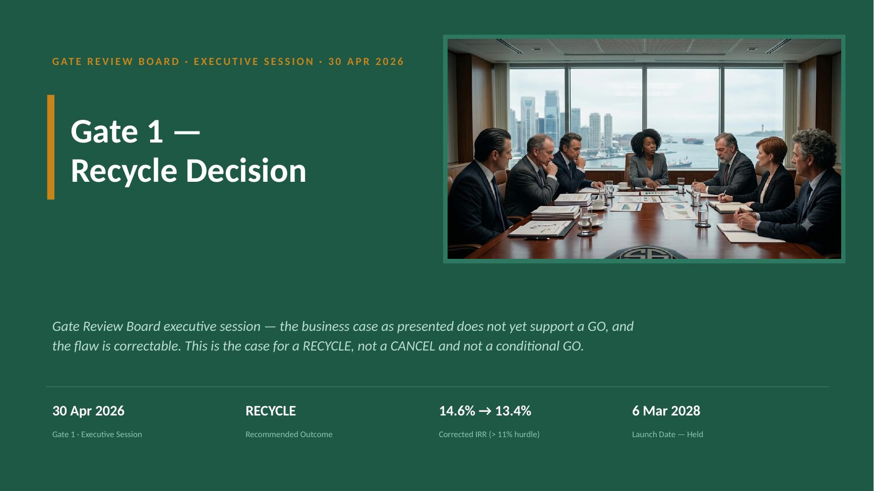Gate 1 recycle decision deck — slide 1 of 10