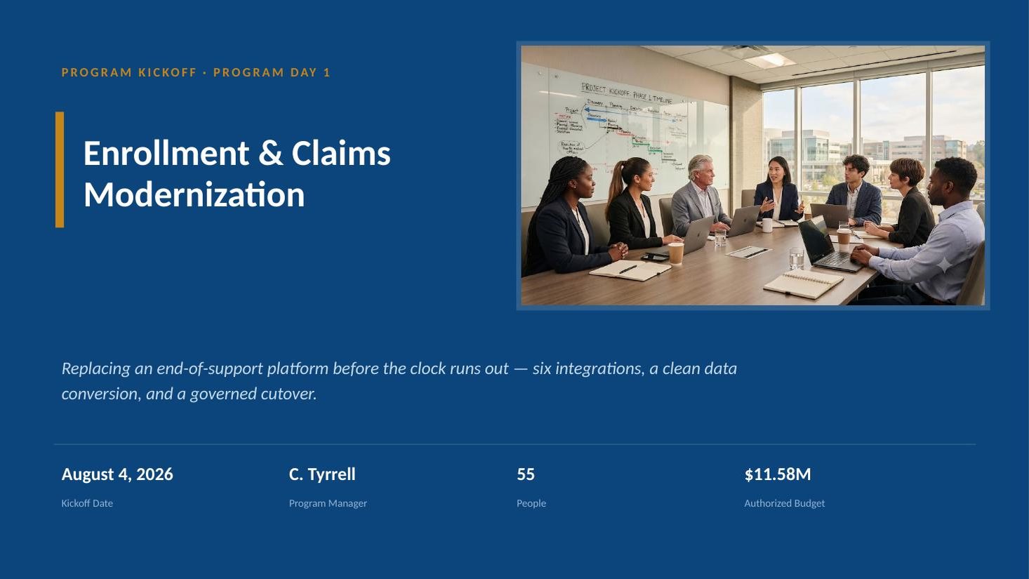 Enrollment & Claims Platform Modernization kickoff deck — slide 1 of 19