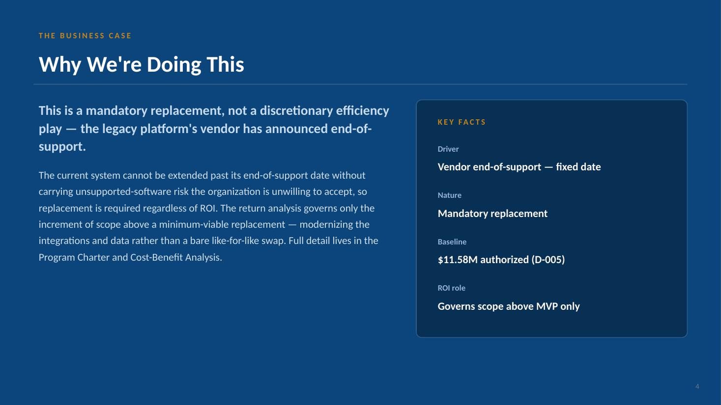 Enrollment & Claims Platform Modernization kickoff deck — slide 4 of 19